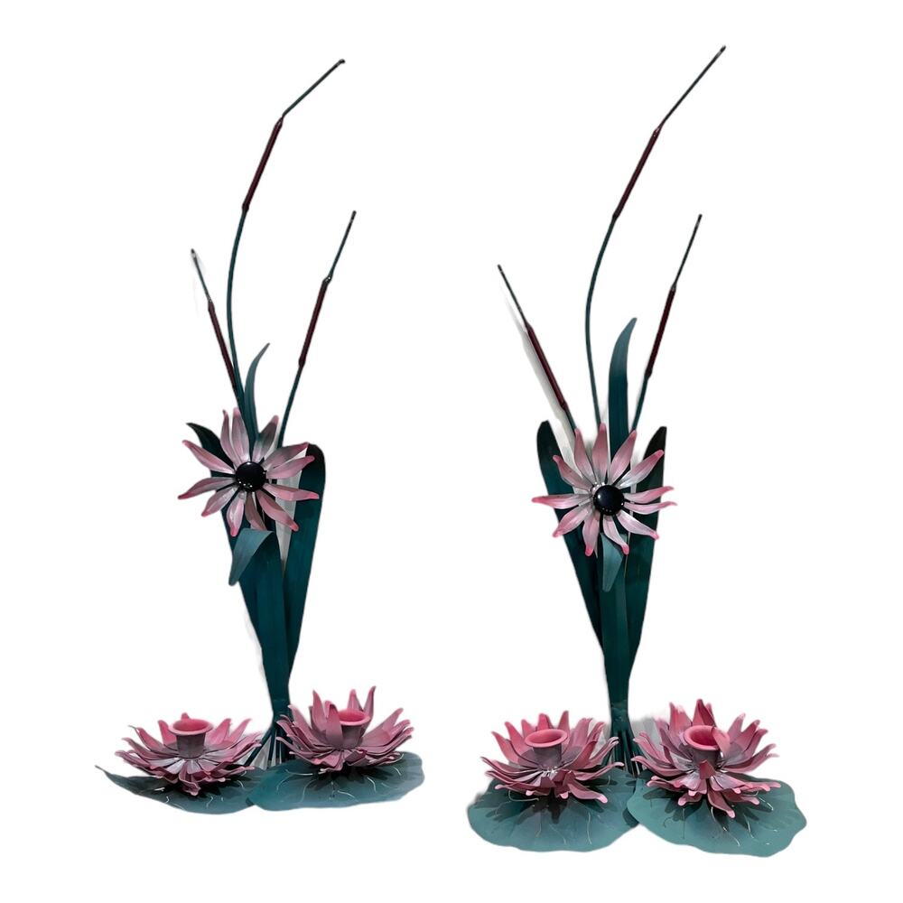 Set Vintage Mid Century Tole Lotus Flower Sconce Candlestick Holder Pink Green